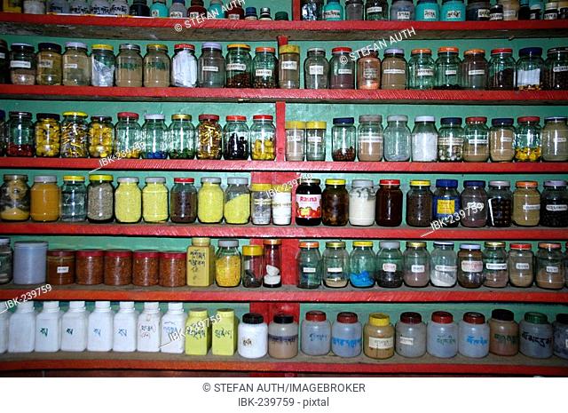 Pharmacy with many glasses in monastery Tashi Gompa Phu Nar-Phu Annapurna Region Nepal