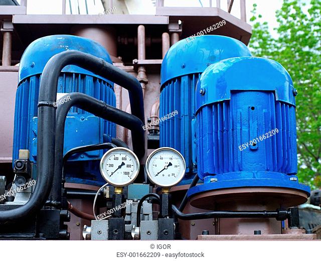 A industrial blue pump in detail