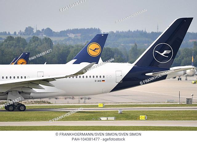 Lufthansa jets with tail fins design before and after. Airline, airline, flyer, air traffic, fly.Aviation. Franz Josef Strauss Airport in Munich