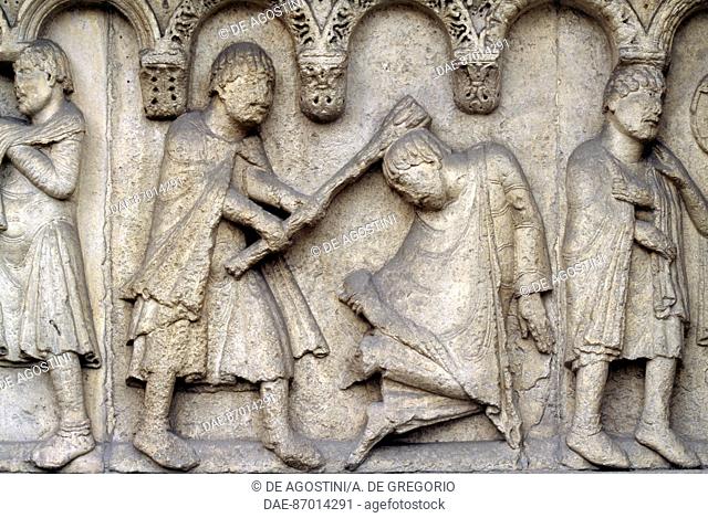 Cain slaying Abel, detail from Stories of Genesis, by Wiligelmus (active ca 1099-1120), marble bas-relief, facade of the Metropolitan Cathedral of Saint Mary of...