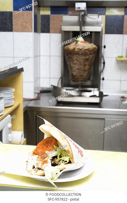 Döner kebab on a snack bar counter