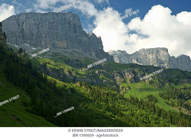 Rock formation on the Urnerboden in early summer, Canton Uri, Switzerland, Europe