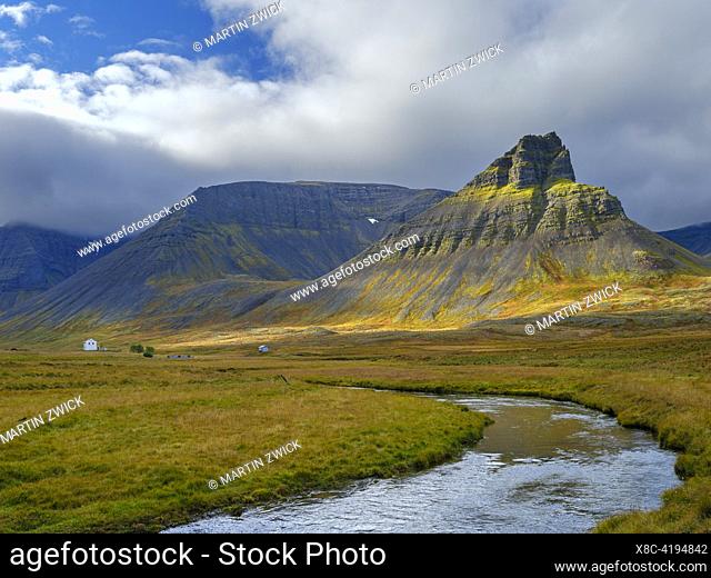 Keldudalur and Gjalpardalur in Dyrafjoerdur. The Westfjords (Vestfirdir) in Iceland during autumn. Europe, Northern Europe, Iceland