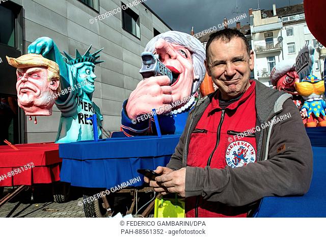 Carriage builder Jacques Tilly in front of his carnvial vehicle which has a model of the Statue of Liberty, Teresa May and Donald Trump's head after the Shrove...