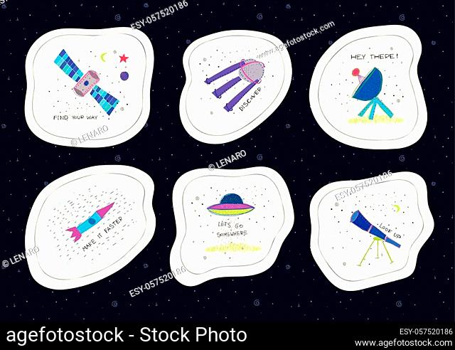 Discover Universe Space nature Star cutout sticker moon satellite travel cosmos astronomy UFO Spaceship graphic design typography element Hand drawn postcard