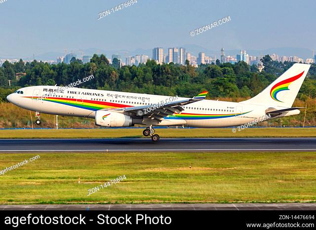 Chengdu, China ? September 22, 2019: Tibet Airlines Airbus A330-200 airplane at Chengdu airport (CTU) in China