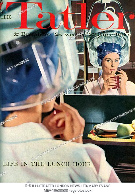Front cover of The Tatler in 1960 featuring a young woman under the dryer in a hairdressing salon, Simon of Knightsbridge