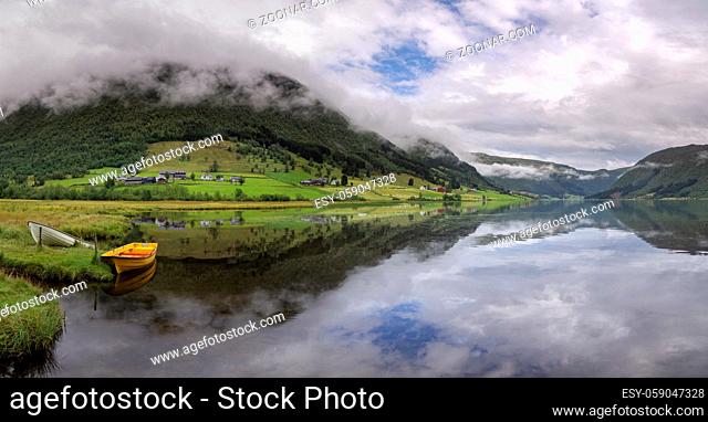 Panoramic view over lake Dalavatnet near the Norwegian town Sogndal on a clear and crisp day