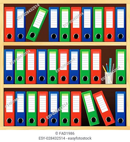 Wooden shelves with file folders. Vector background