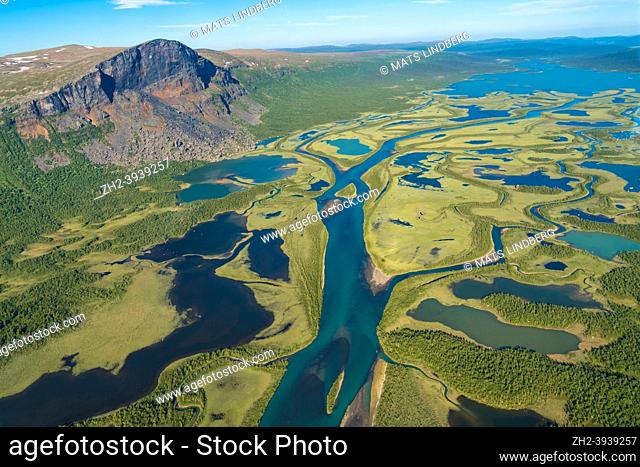 View from a helicopter over Laitaure delta taken in the summer with nice sunny wather and Mount Skerfe in the photo, Jokkmokk county, Swedish Lapland, Sweden