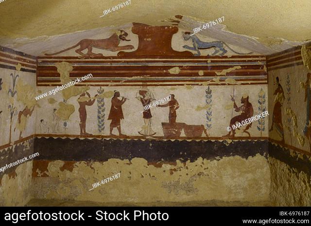 Tomba dei Giocolieri Tomb of the Jugglers or Tomb of the Jugglers with frescoes from the 6th century BC, Etruscan Monterozzi Necropolis, Tarquinia