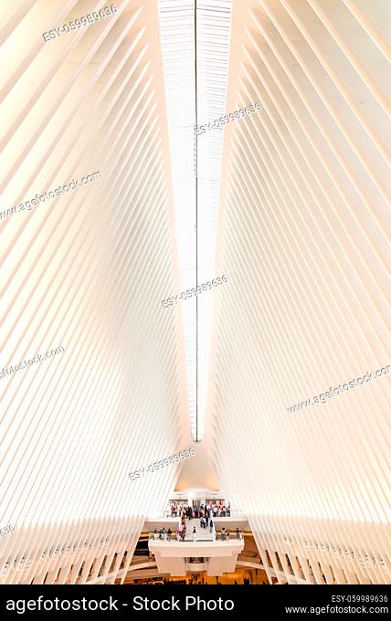 New York City, USA - June 24, 2018: Interior view of World Trade Center Transportation Hub or Oculus designed by Santiago Calatrava architect