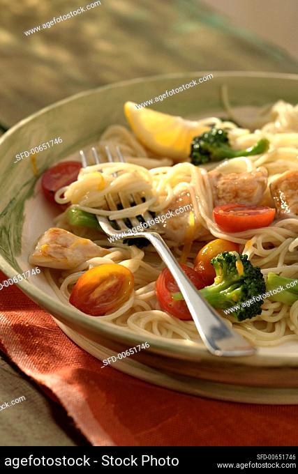 Chicken and Pasta Bowl with Broccoli and Tomatoes