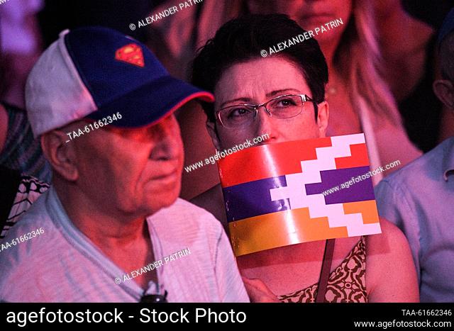 ARMENIA, YEREVAN - SEPTEMBER 2, 2023: People take part in a rally in support of Nagorno-Karabakh outside the Armenian National Opera and Ballet Theatre
