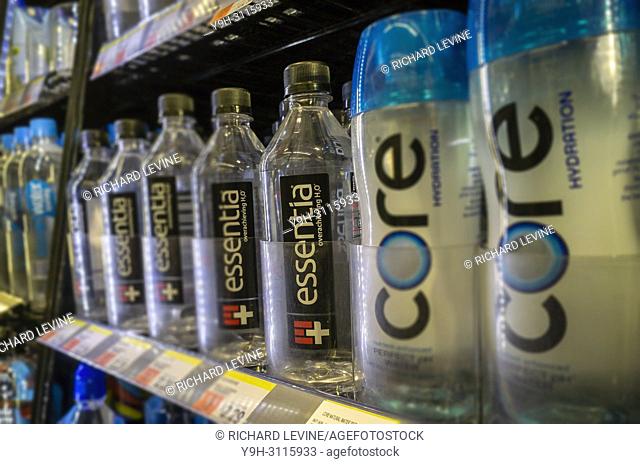 Bottles of Essentia and other waters in a cooler in a convenience store in New York on Thursday, June 14, 2018. Essentia