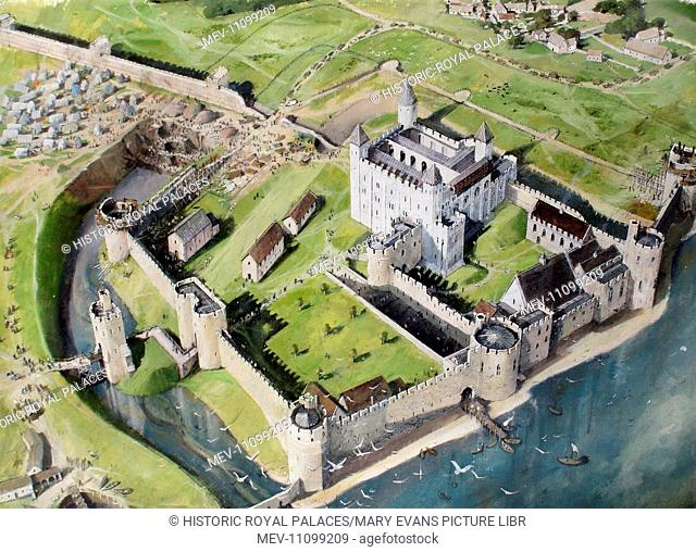 Reconstructed view of the Tower of London from the south west in about 1240, showing King Henry III's enlargement of the castle and the digging of the new moat...