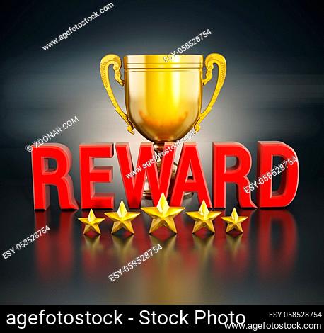 Reward text, gold cup and five stars