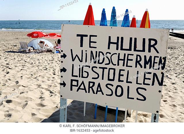 Handwritten sign in Dutch, sunbeds and sunshades for rent, Westkapelle, Walcheren peninsula, Zeeland province, Netherlands, Benelux, Europe