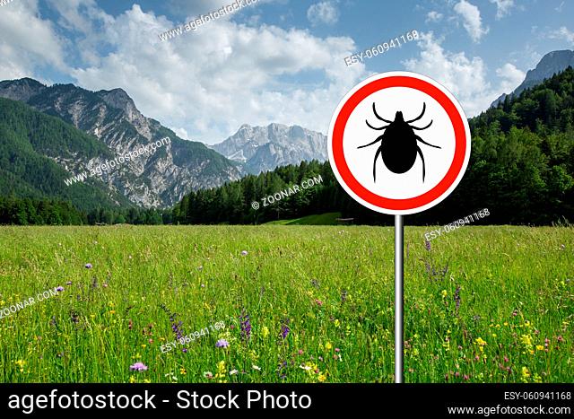 Tick insect warning sign on infected meadow. Lyme disease and meningitis transmitter