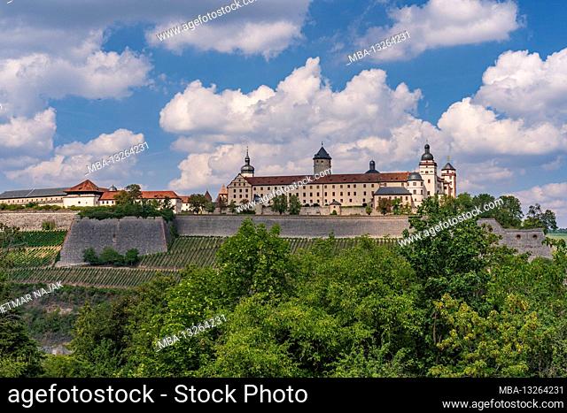 View to Marienberg Fortress from the pilgrimage church of the Visitation or popularly Käppele on Nikolausberg above the city of Wuerzburg, Lower Franconia
