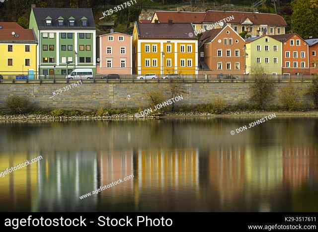 Danube River shoreline houses, Passau, Bavaria, Germany