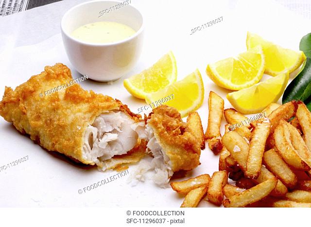 Battered hake with a dip and chips
