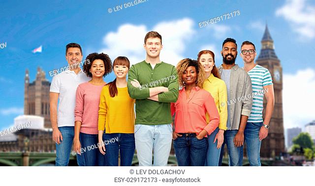 diversity, race, ethnicity and people concept - international group of happy smiling men and women over london city sbackground