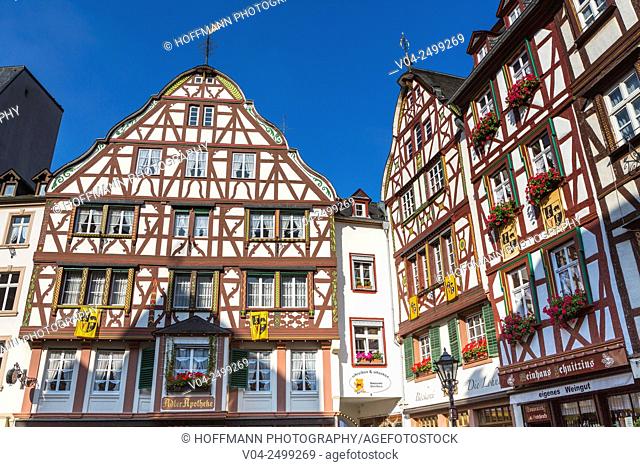 Picturesque timbered houses at the market square in the beautiful village of Bernkastel-Kues, Rhineland-Palatinate, Germany, Europe
