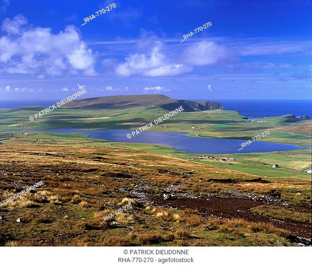 Loch of Spiggie and southwest coast of Mainland with Fitful Head on left, Mainland, Shetland Islands, Scotland, United Kingdom, Europe