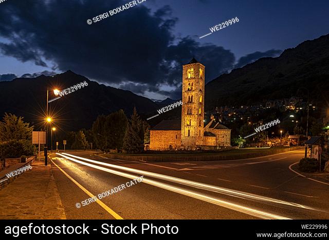 Romanesque church of Sant Climent de Taüll in a summer night (Vall de Boí, Catalonia, Spain, Pyrenees)