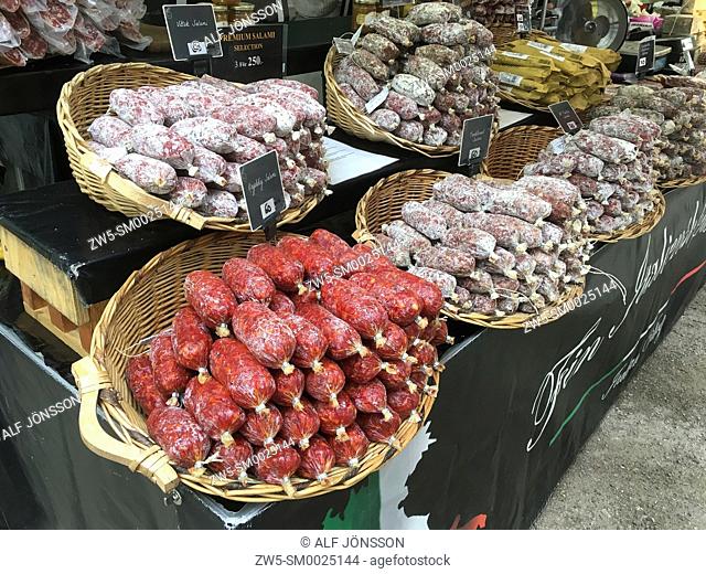 Italian salami sausage at the International Street Market i Ystad, Sweden