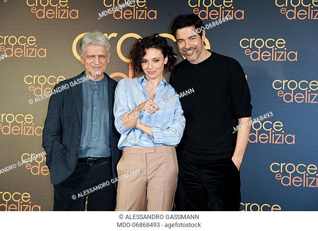 Italian actors Fabrizio Bentivoglio, Jasmine Trinca and Alessandro Gassmann during Croce e Delizia photocall at the Hotel St.Regis