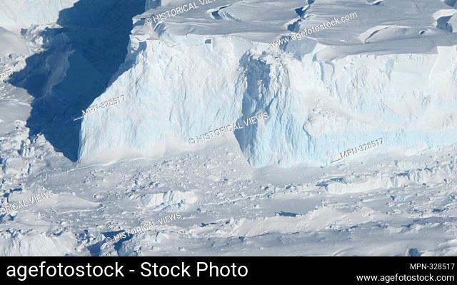 Thwaites 'Doomsday' Glacier in the Antartic. A close look at the Thwaites Ice Shelf edge as seen from the IceBridge DC-8 on Oct. 16, 2012