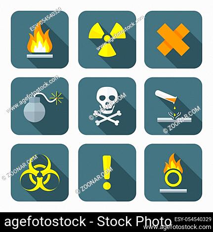 vector colorful flat style hazardous waste symbols warning signs icons long shadows