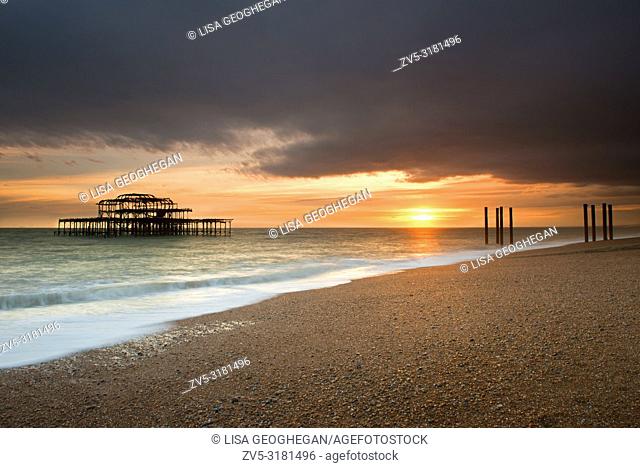 West Pier at sunset, Brighton, Hove, East Sussex, England, Uk, Gb