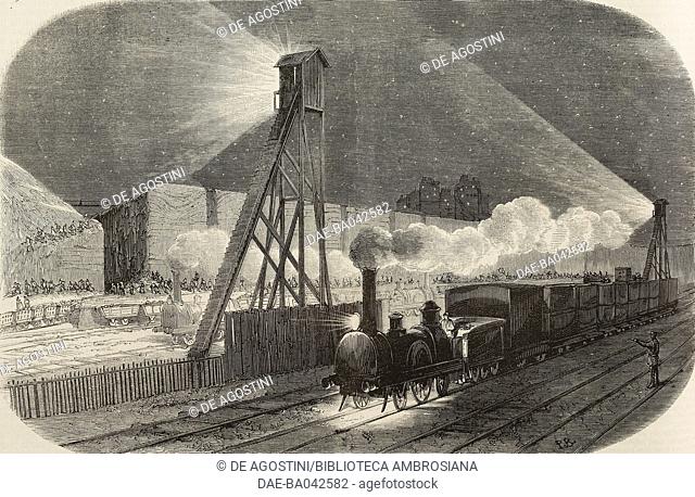 Night works for terracing the Docks-Napoleon, steam trains illuminated by electric lamps, Paris, France, illustration from L'Illustration, Journal Universel