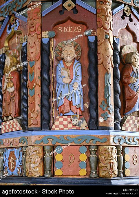 Wood carving, the pulpit in the old church. The historic farm Laufas near Akuryeri, now an open air museum. Europe, Northern Europe, Iceland