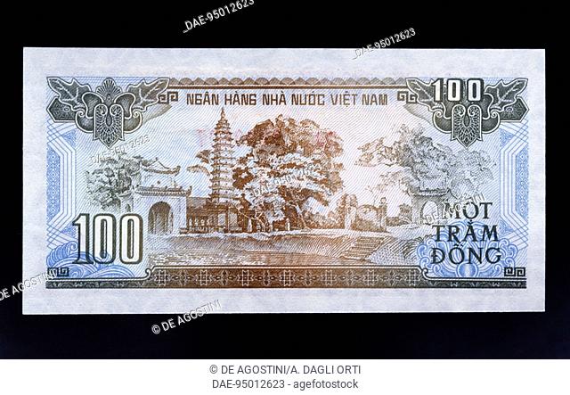 100 dong banknote, 1991, reverse, Pho Minh Tower and Pho Minh Pagoda in Tuc Mac Village. Vietnam, 20th century