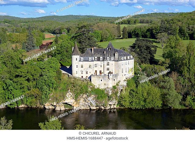 France, Lot, Lacave, castle of la Treyne, hotel of the company Relais et Chateaux on the edge of the Dordogne river (aerial vew)