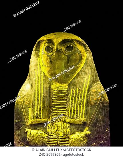 Egypt, Cairo, Egyptian Museum, cartonnage coffin with hawk head, found in the royal necropolis of Tanis, burial of the king Sheshonq 2