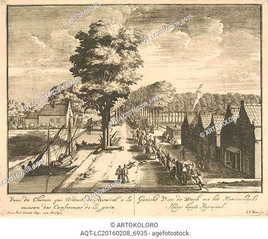 A procession of horsemen and carriages on the road to the Huis ter Nieuwburg Rijswijk, The Netherlands, print maker: Jan van Vianen (mentioned on object)