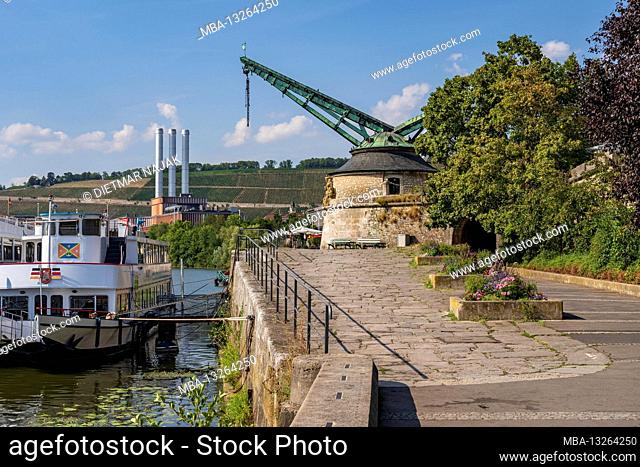 The old crane on the Main in the city of Würzburg, Lower Franconia, Franconia, Bavaria, Germany