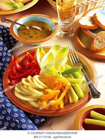 Crudités with anchovy dip, fennel, peppers, celery and chicory, cold starter, France