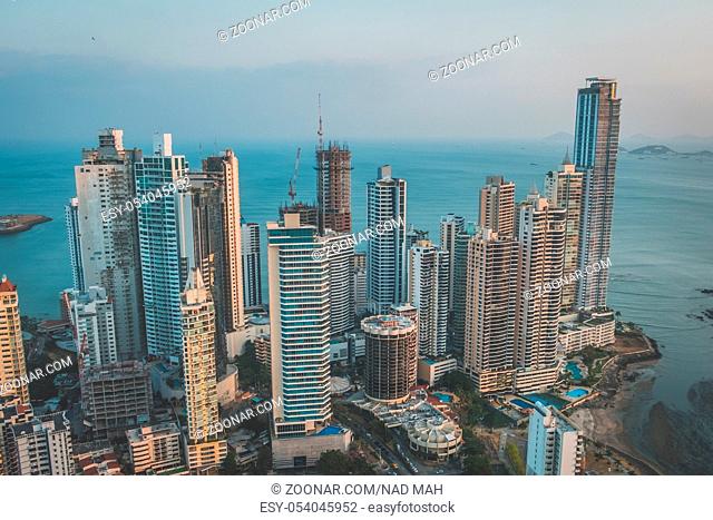 skyscraper buildings, downtown city aerial of Panama City