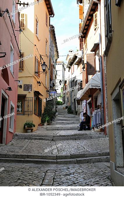 Stairs, narrow alleyway, Ulica Grisla, artist alley, old town, Rovinj, Croatia, Europe