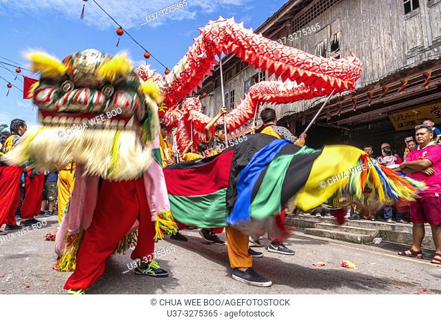 Lion dance during Chinese New Year Festival Capgomeh year 2019 15th day of the 1st month at Siniawan, Sarawak, Malaysia