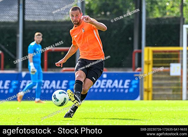 Kenneth Schuermans (23) of KMSK Deinze pictured during a friendly pre-season game ahead of the 2023 - 2024 Challenger Pro League season between KMSK Deinze and...