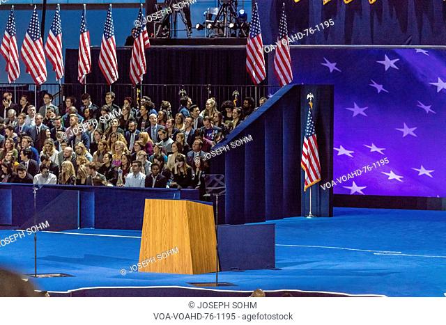NOVEMBER 8, 2016, Empty Podium Election Night at Jacob K. Javits Center - venue for Democratic presidential nominee Hillary Clinton election night event New...