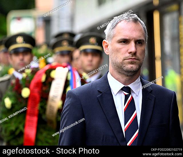 Prague Mayor Zdenek Hrib attends an act of reverence to honour the memory of people killed in August 1968 in defense of the Czech radio building