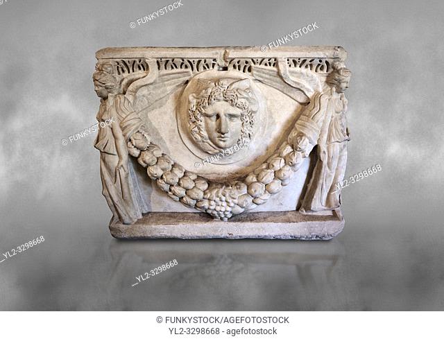 End panel of a Roman relief garland sculpted sarcophagus, style typical of Pamphylia, 3rd Century AD, Konya Archaeological Museum, Turkey